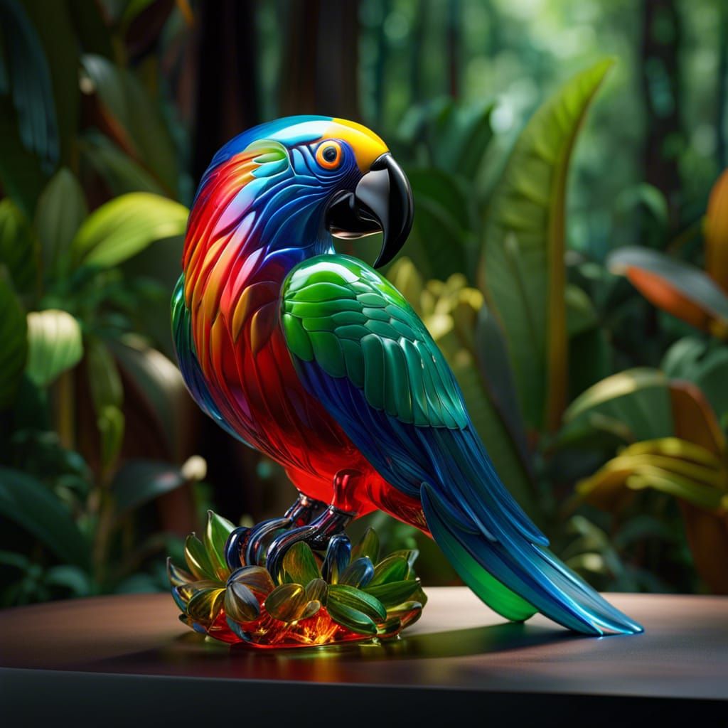 Colorful Glass Parrot Sculpture in Jungle Art