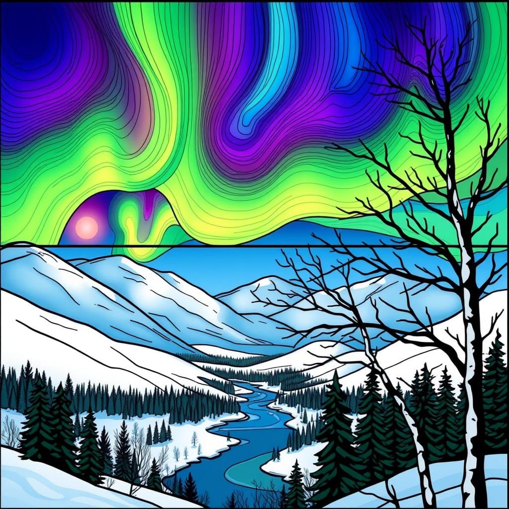 Stained-Glass Winter Landscape Under Aurora Borealis