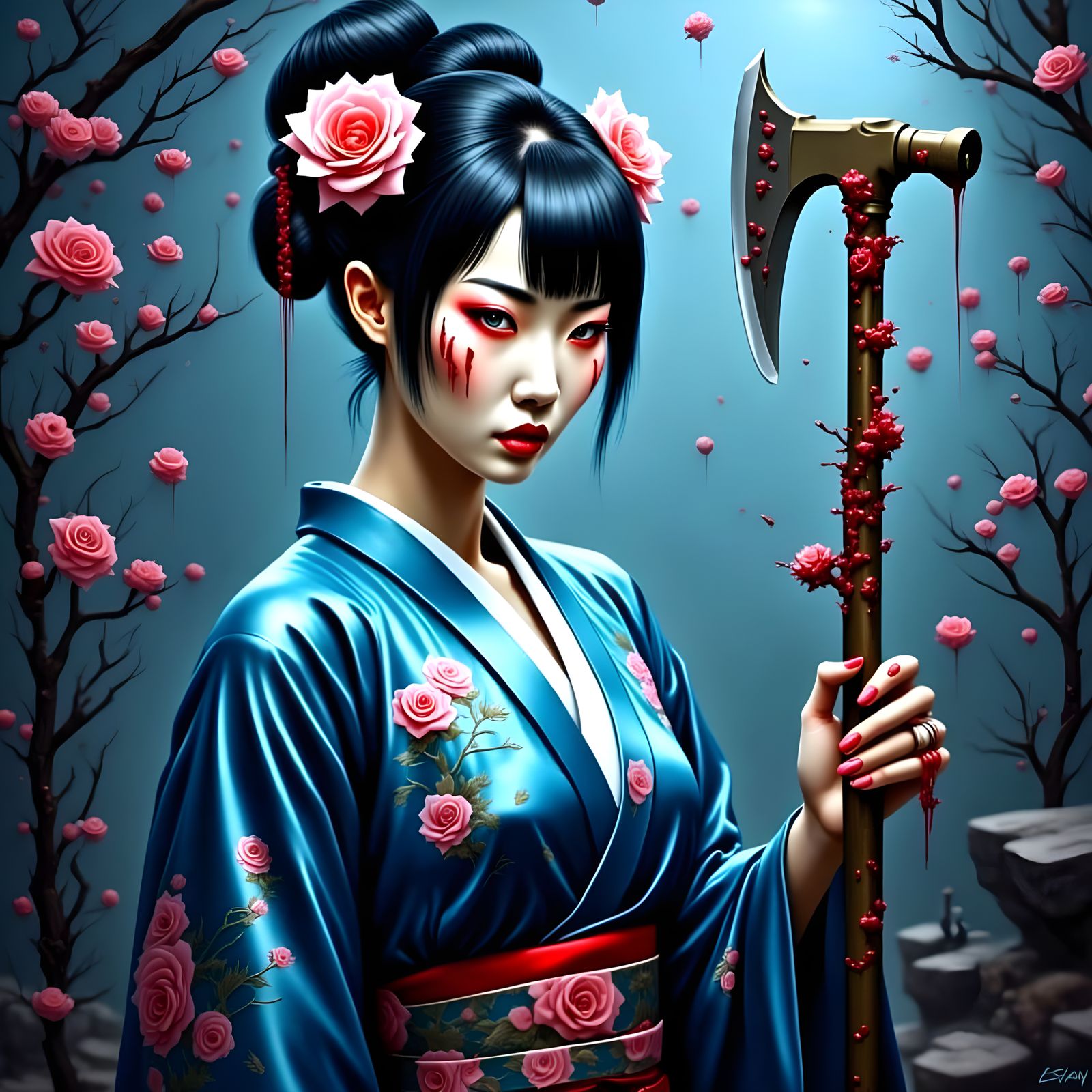 Asian Android Geisha in Shattered Retro Synthwave