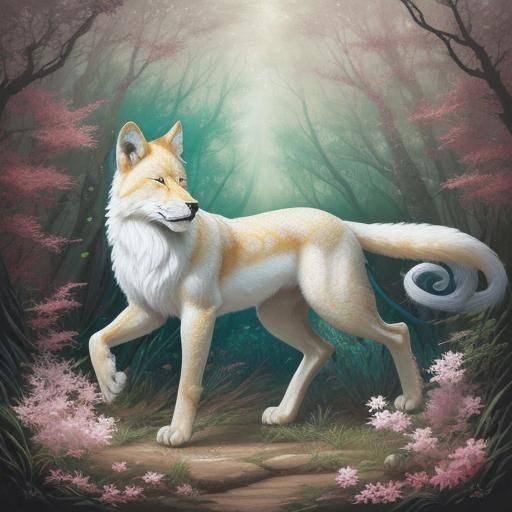 Enigmatic White Kitsune in Forest, as Acrylic Painting