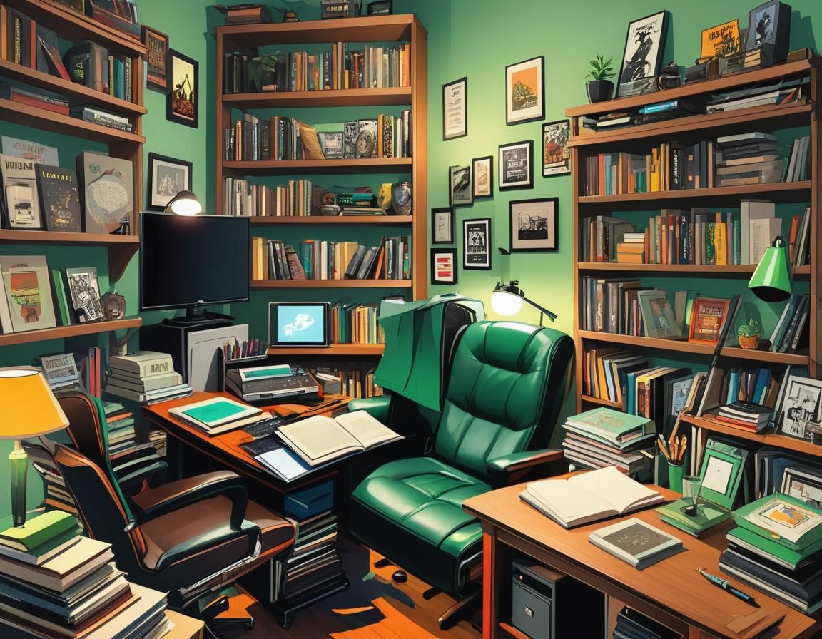 Cozy Illustrator's Desk with Books and Retro Gaming