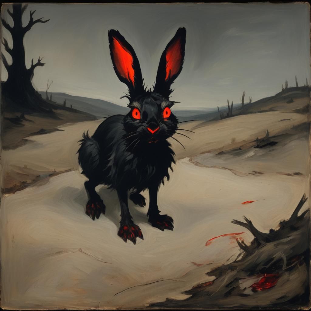 Eerie Rabbit in Surreal Landscape, as Abstract Expressionism
