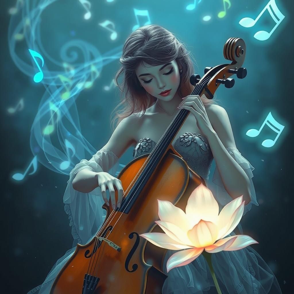 Ethereal Cellist Surrounded by Neon Music Notes