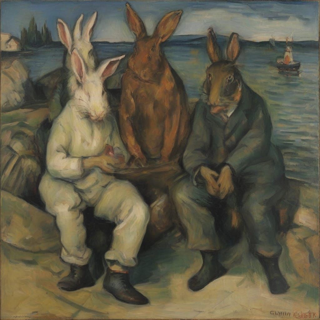 Rabbits Fishing in the Style of Expressionist Masters
