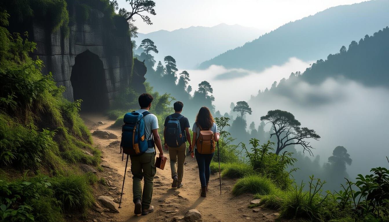 Indian Trekkers Explore Misty Uttarakhand Hills at Dawn