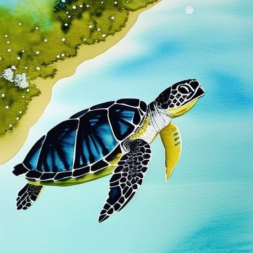 Watercolor Sea Turtle in Great Barrier Reef