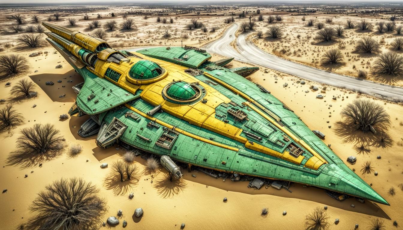 Crashed Starship City in Winter Desert Meadow