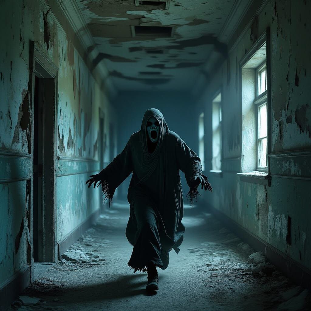 Terrified Ghost Flees Decaying Asylum in Dark Horror Style
