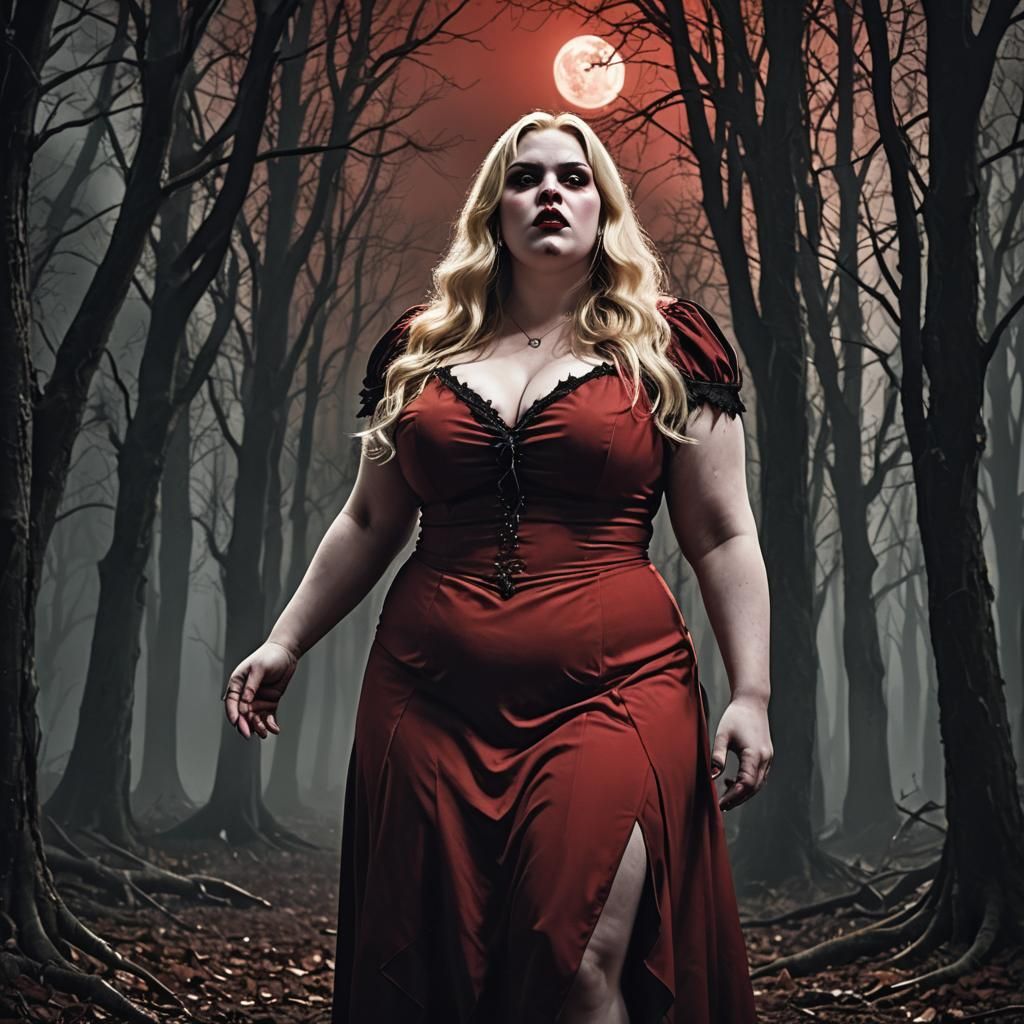 Curvy Vampire in a Dark Forest at Night