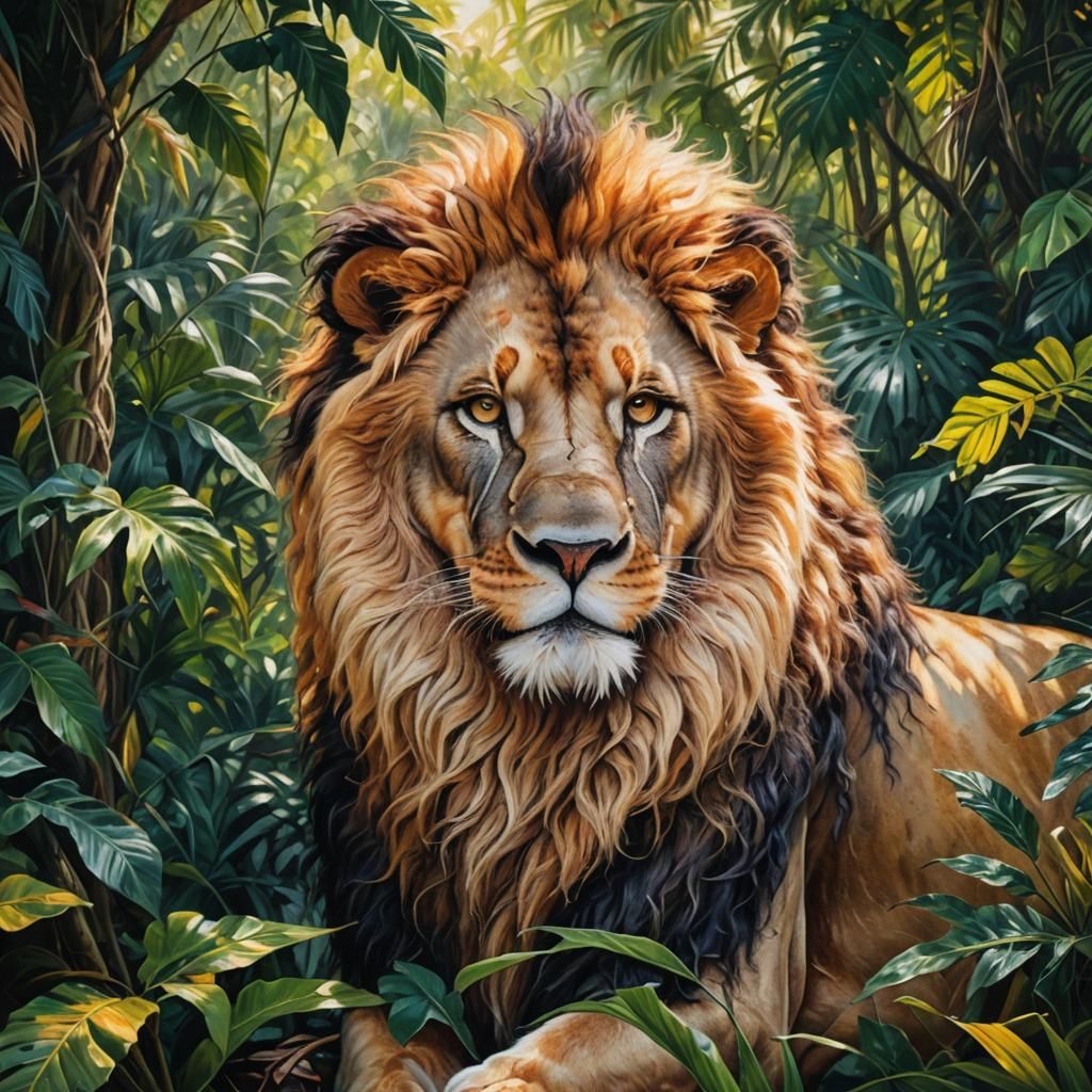 majestic lion stands proudly in the heart of a dense jungle. The lion's golden mane glows under the dappled sunlight fil...