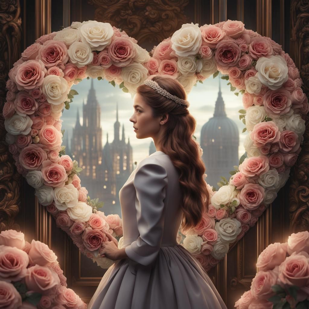 Heart Frame with Roses and Young Woman