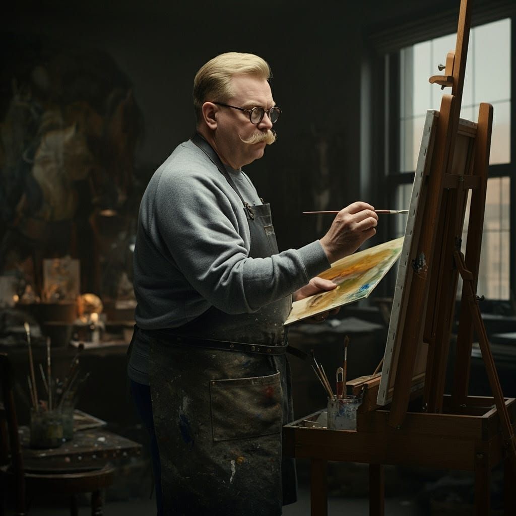 Realistic Oil Painting of a Gentle Artist at Work