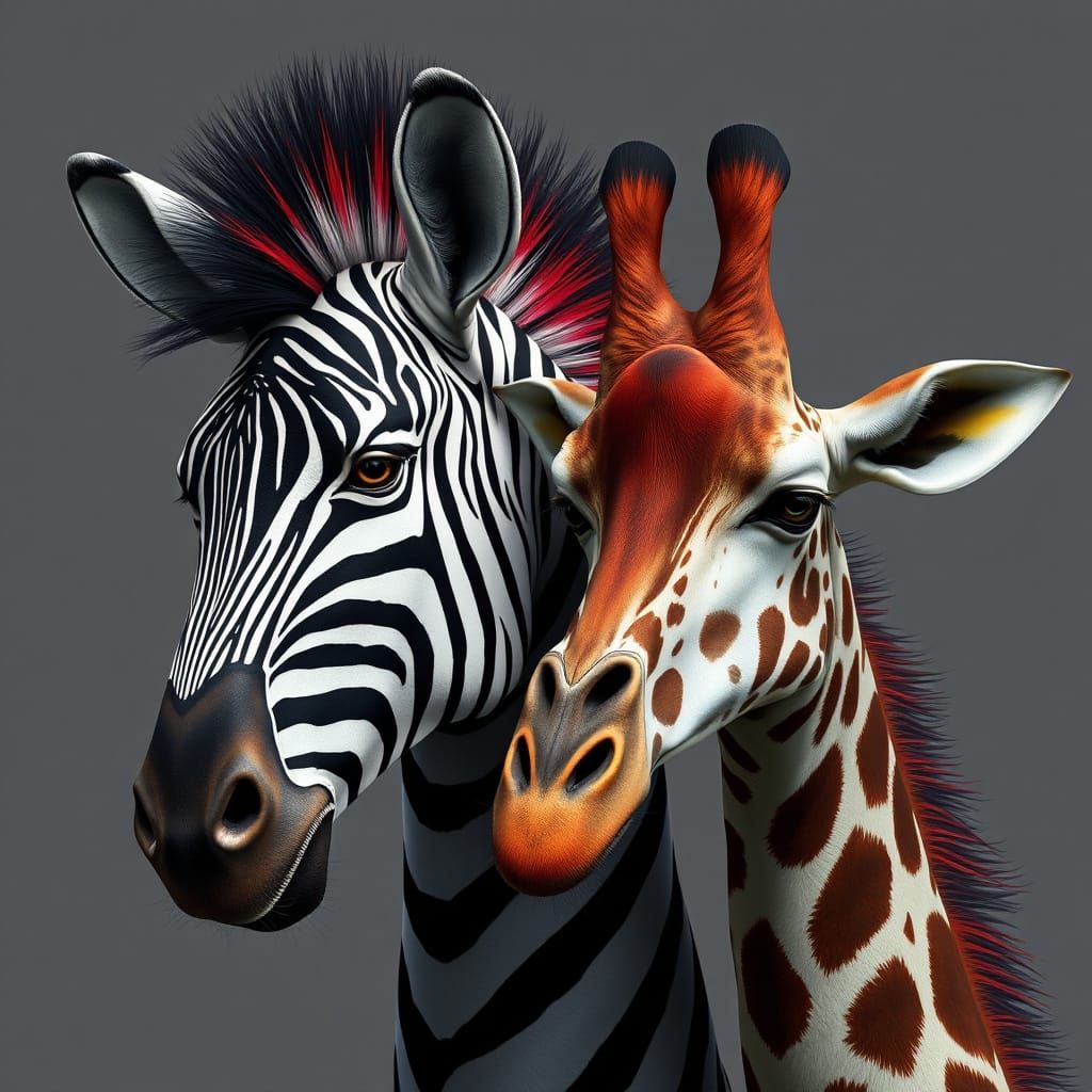 A painting of a whimsical scene with two animals: a zebra and a giraffe. The zebra has black and white stripes, a promin...