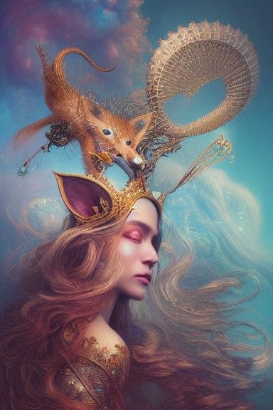 Fox Queen Portrait in Celestial Fantasy Art Style