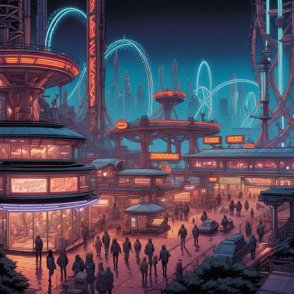 Cyberpunk Theme Park with Tron Lighting, Comic Art