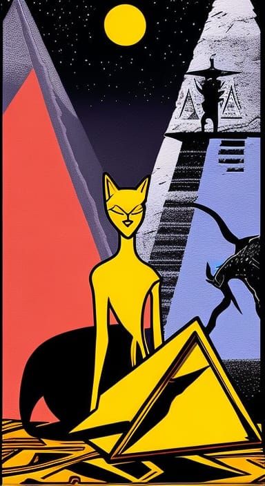 Comic book art Black cat in pyramid next to golden Egyptian statue. deep color, intricate detail, splash screen, vibrant...