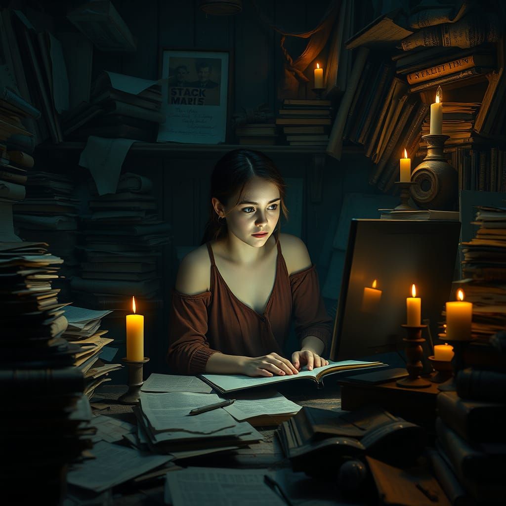 Young Woman Amidst Cluttered Study, Lost in Digital Realm