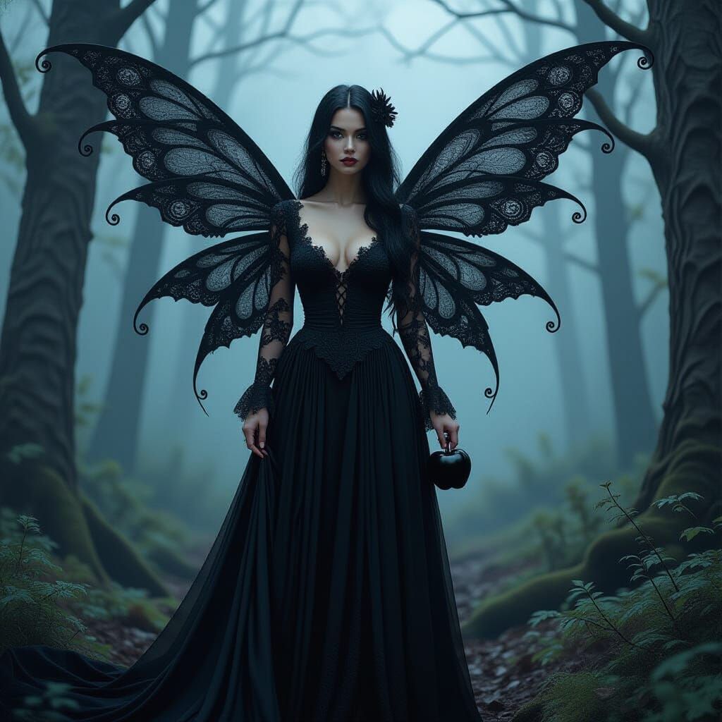 Dark Fairy with Black Lace Wings in Mystic Woods