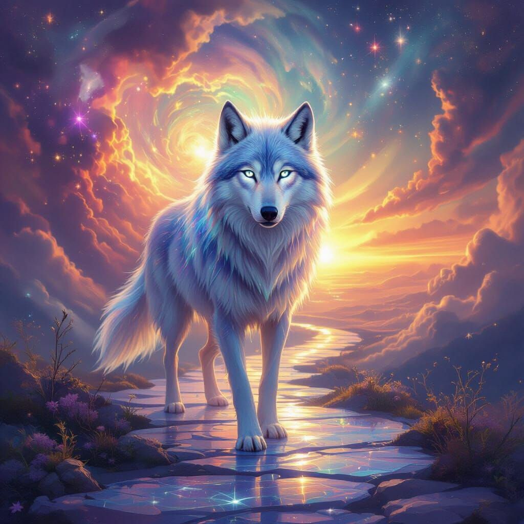 Ethereal Wolf Guide Emerges From Nebula Towards Bright Futur...