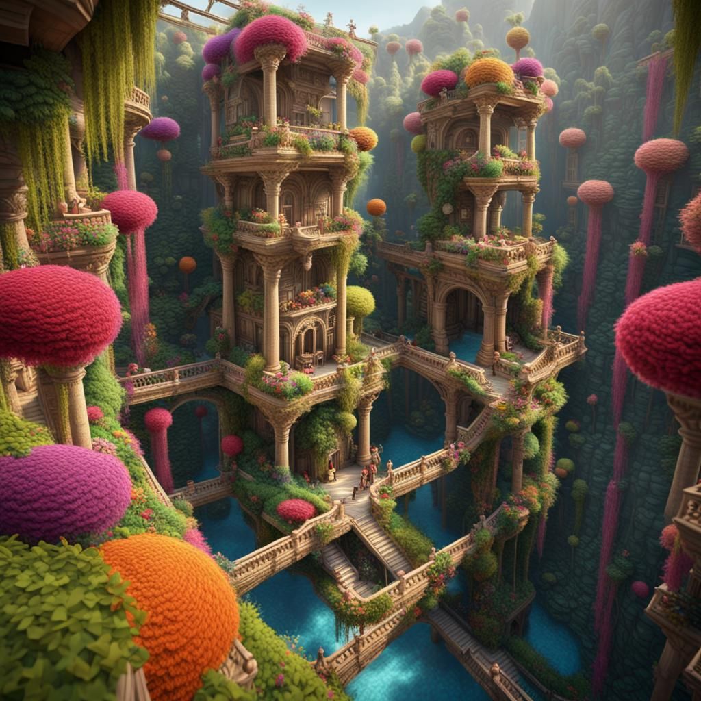 Yarn Babylon Hanging Gardens: Hyperrealistic 3D Art