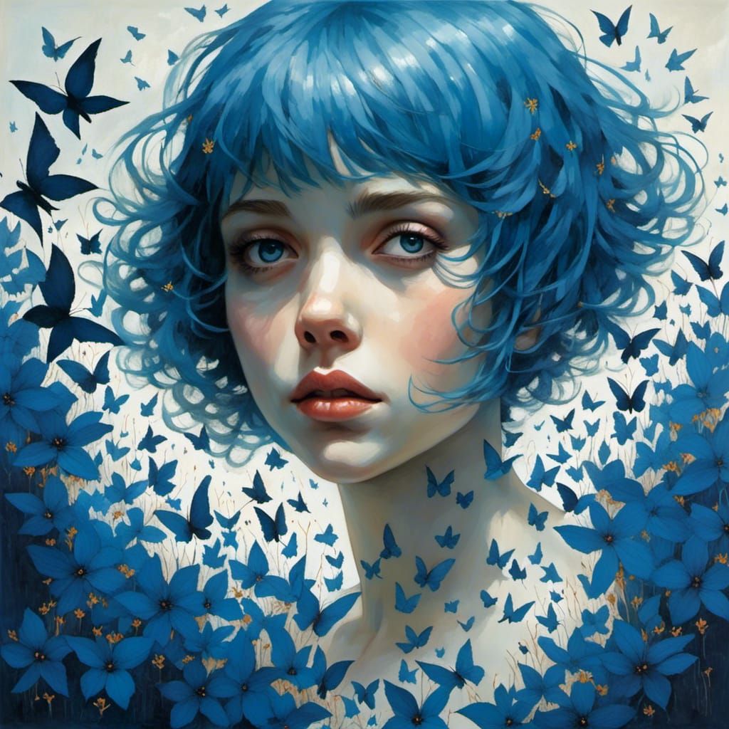 Blue-Haired Girl in Happy Forest, Watercolor Style