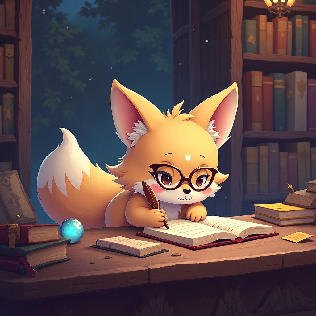 Chibi Fox Takes Exam in Magical Library