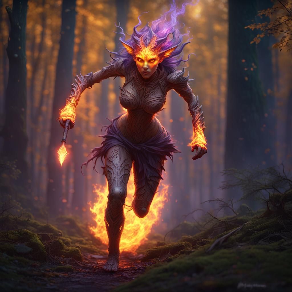 Fire Mage Runs Through Forest, Dark Fantasy Art