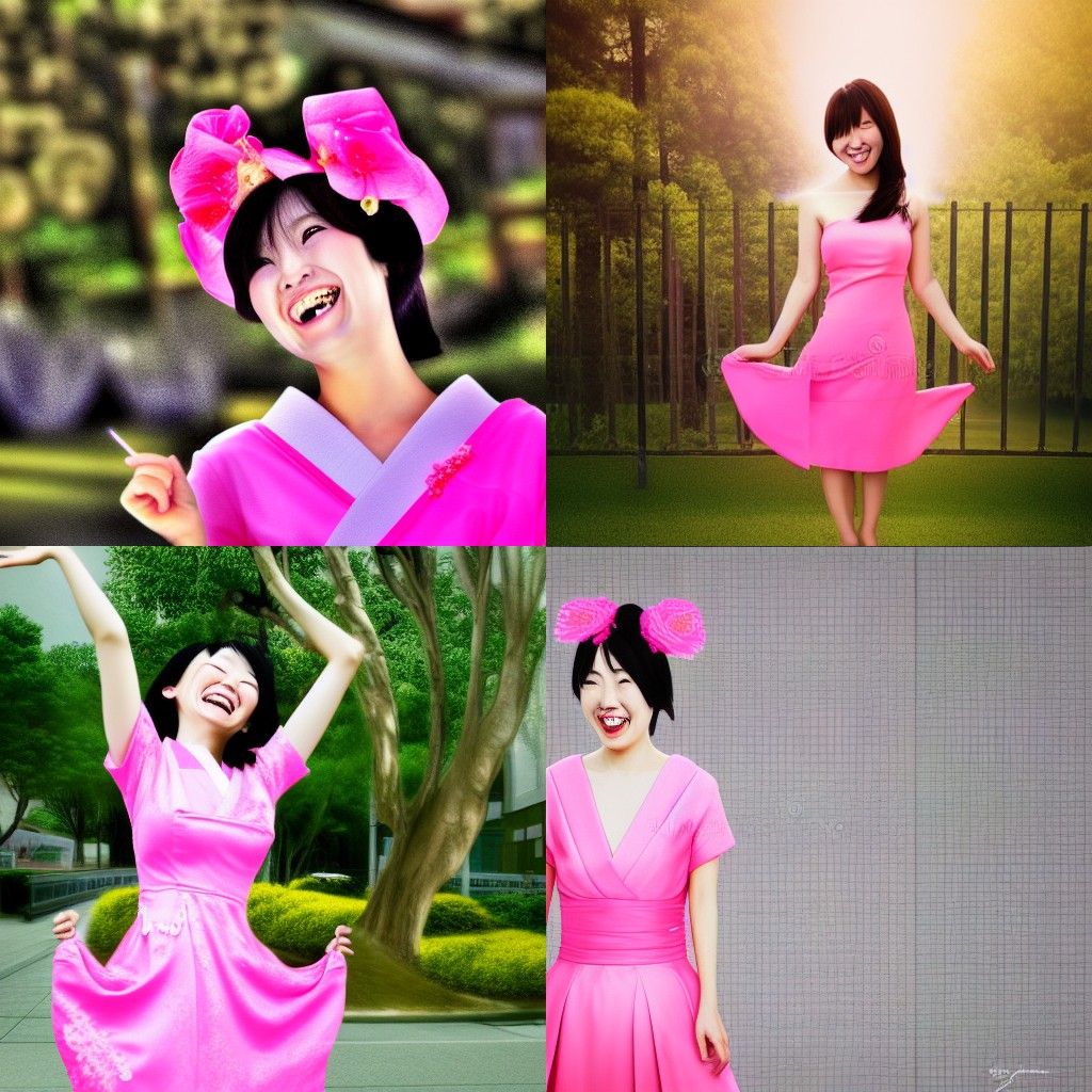 Laughing Japanese Woman in Pink Dress: HDR Photo