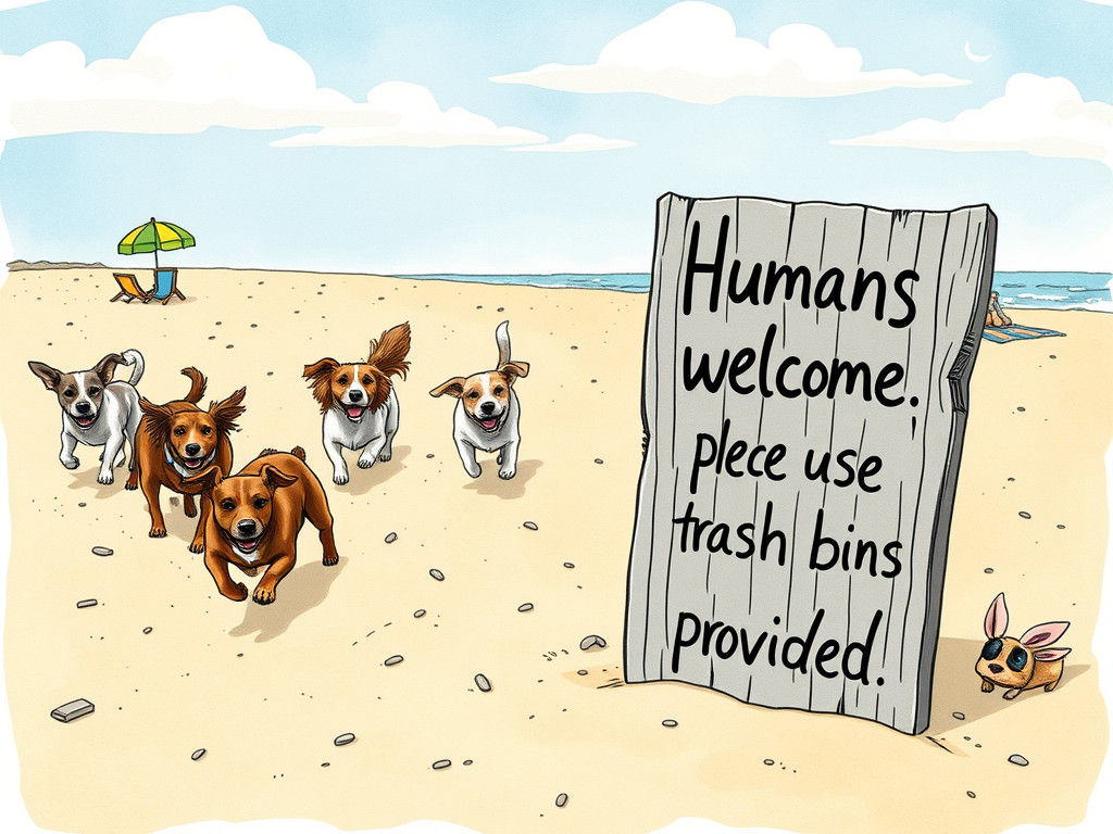 Playful Dogs on Sun-Kissed Beach with Funny Sign