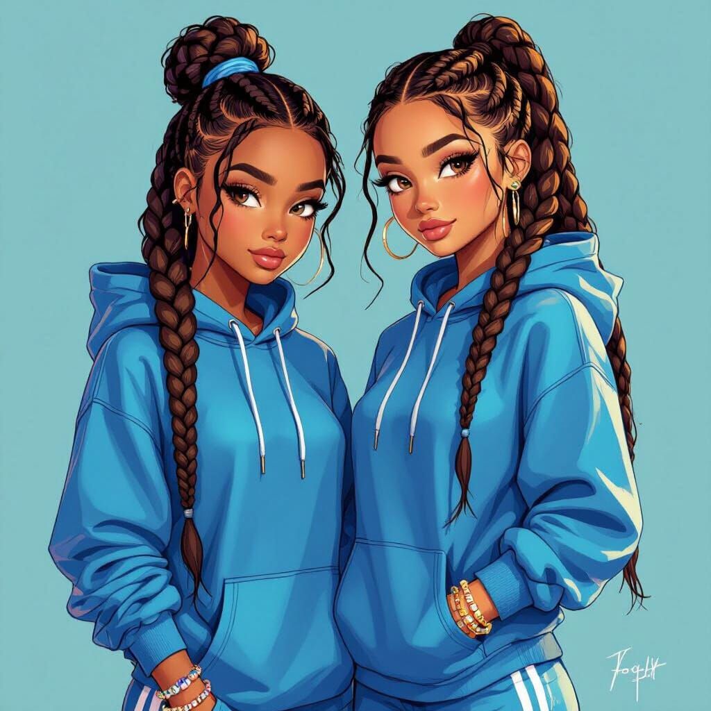 Two Sisters, Vibrant Digital Art Portrait
