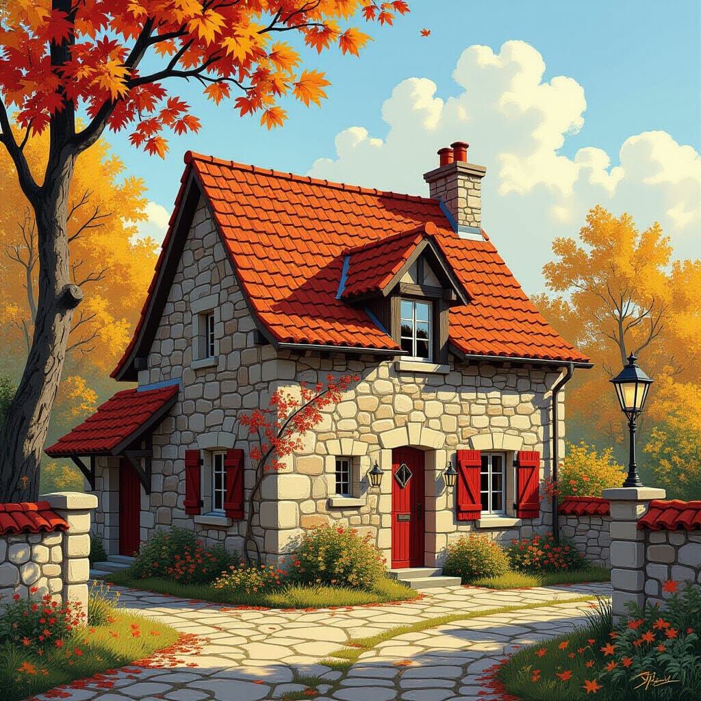 Autumnal Stone House in Oil Painting Style