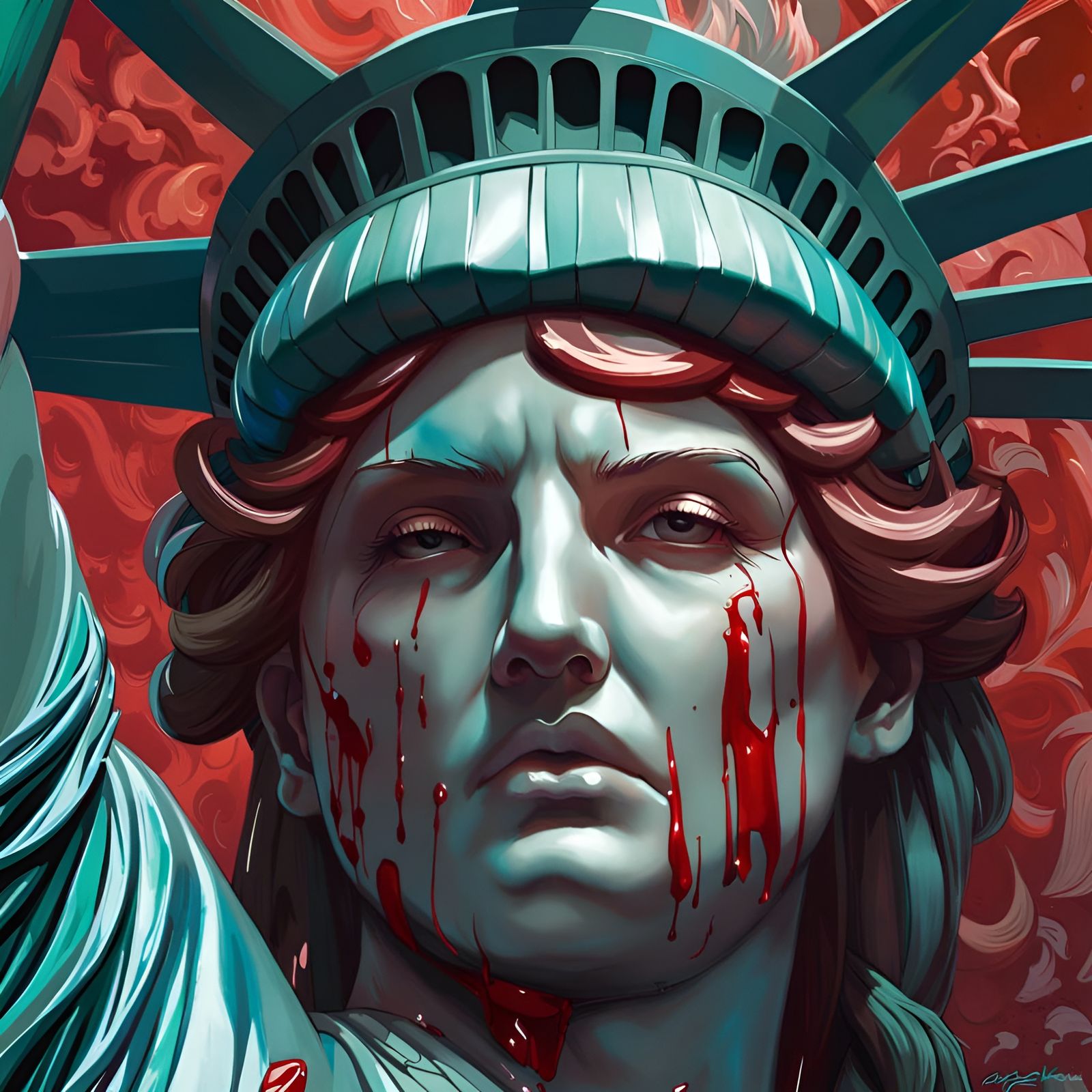 Statue of Liberty Vomiting Blood: Dark Fantasy Portrait
