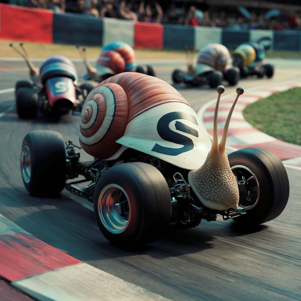 Snail Race Car Zooms Around Racetrack Bend