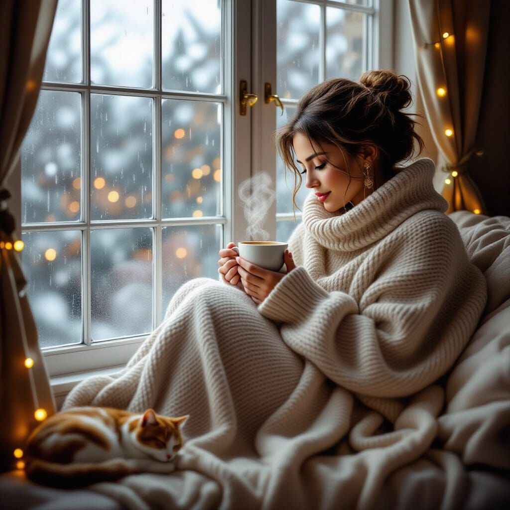 Cozy Rainy Day Scene with Woman, Cat and Tea