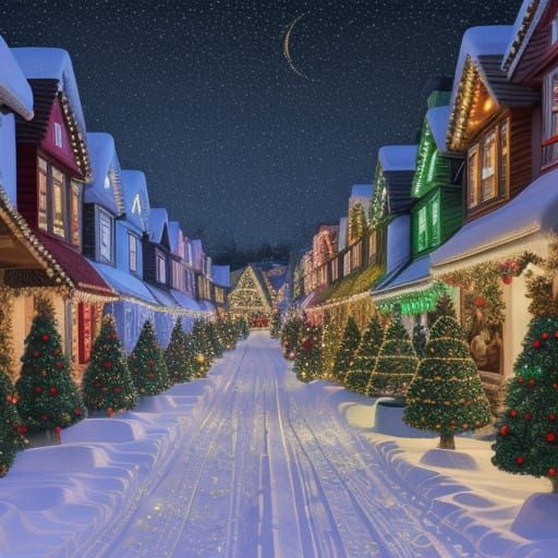 Whimsical Winter Village Scene in Abstract Fractal Style