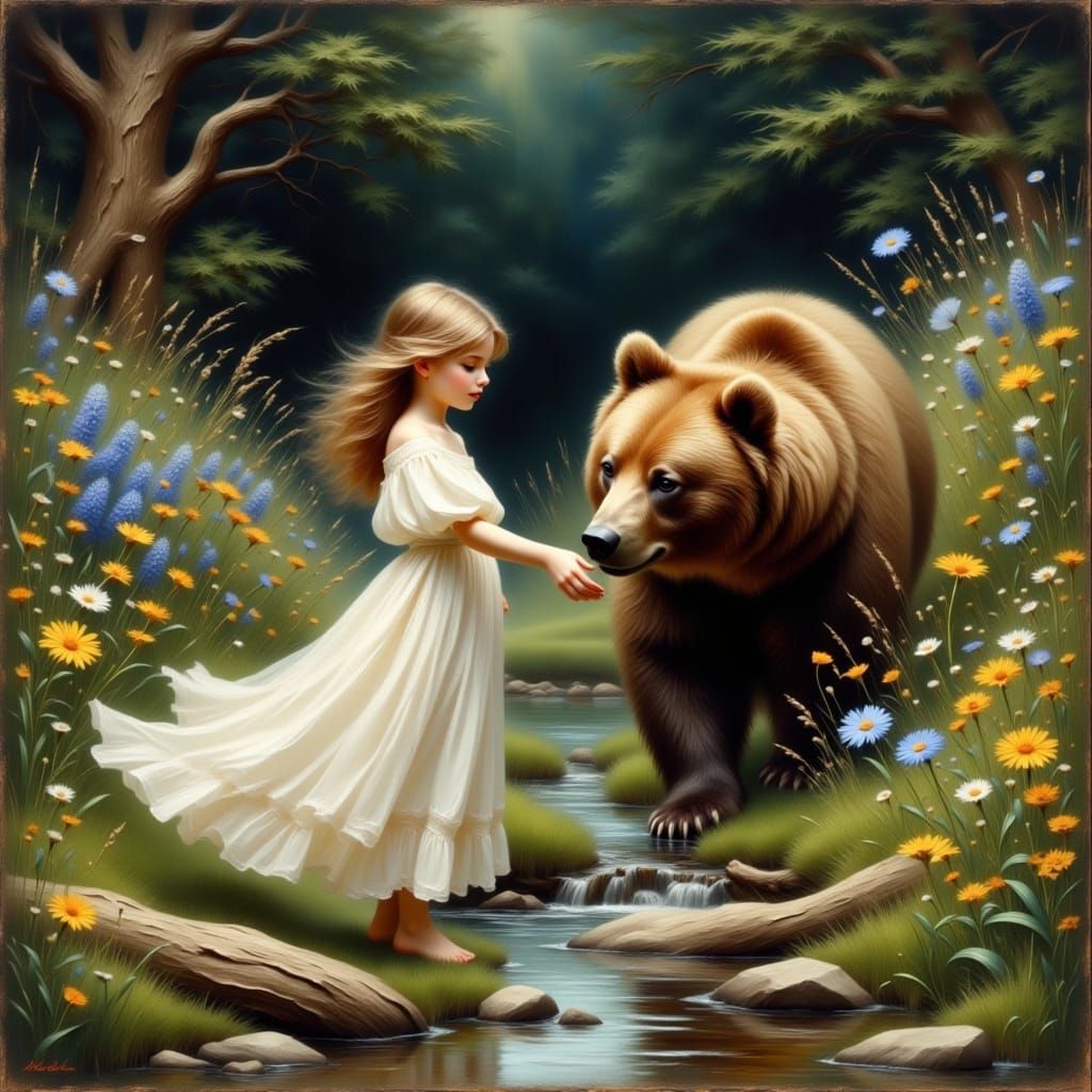 Romantic Impasto Oil Painting of Girl Calming a Wild Bear in...