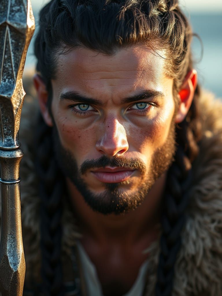Chiseled Viking Warrior in Sun-Kissed Portrait