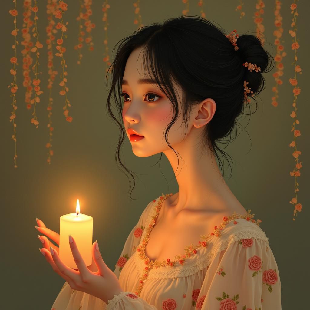 Rose Adorned Woman with Candle in Fantasy Illustration Style