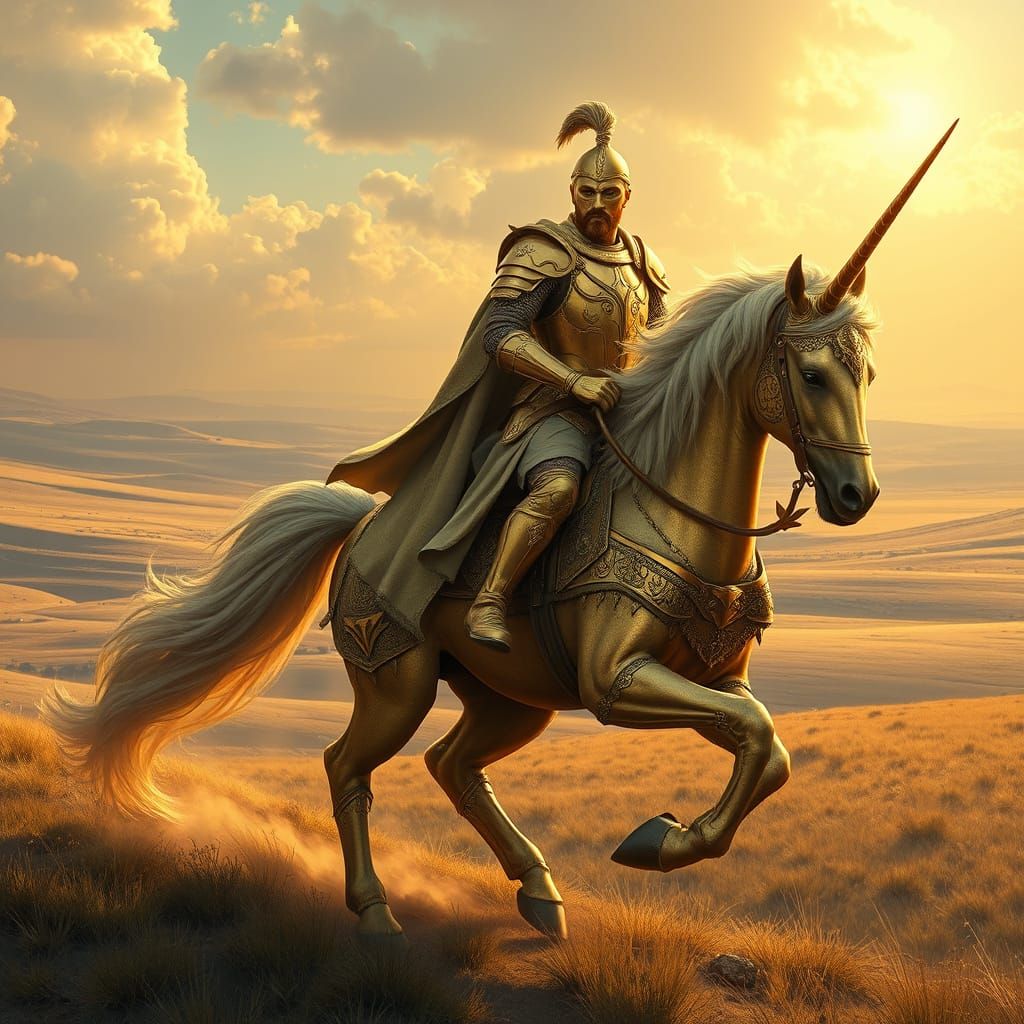 Golden Knight on Unicorn Across Sunlit Plains