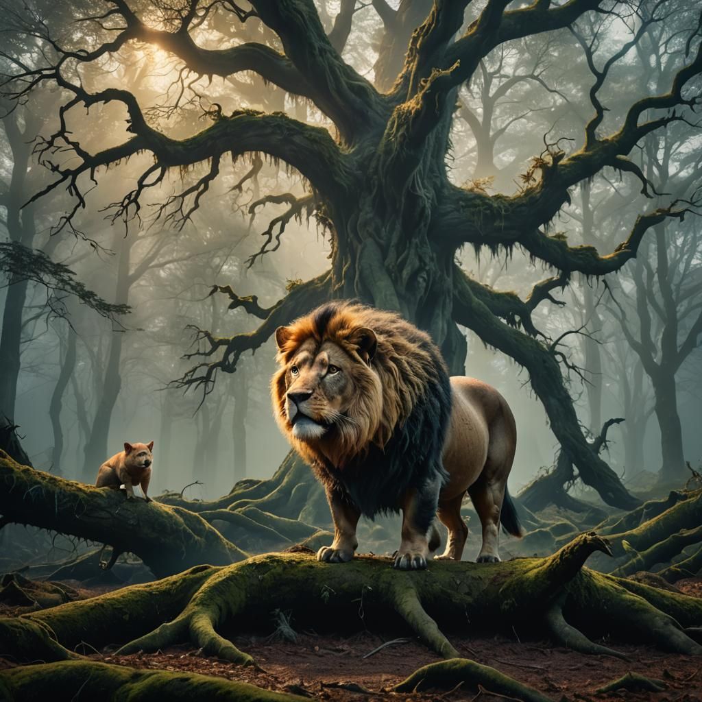 Half-Pig, Half-Lion Creature in Misty Forest