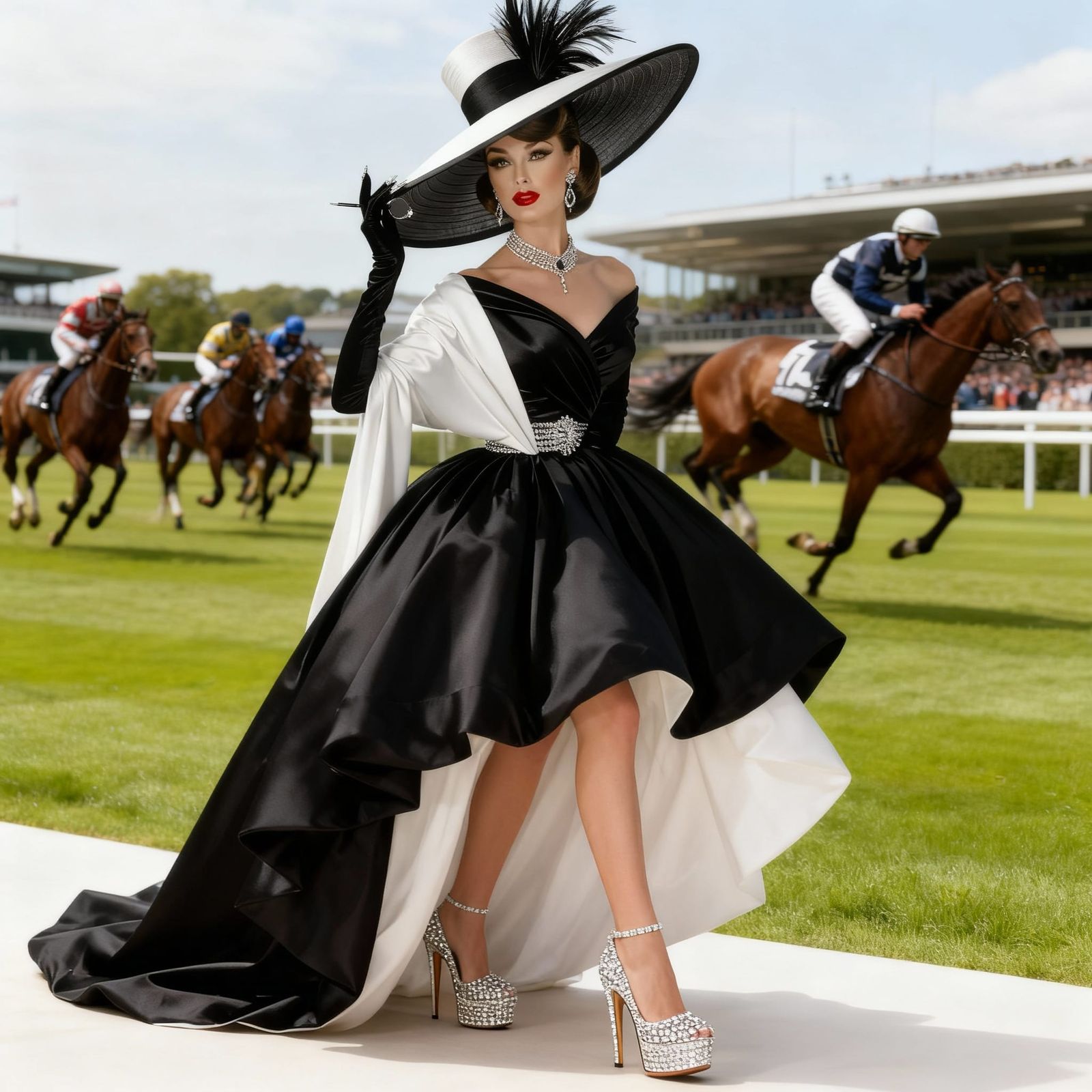 Audrey Hepburn-esque Icon in Black and White Gown and Ascot