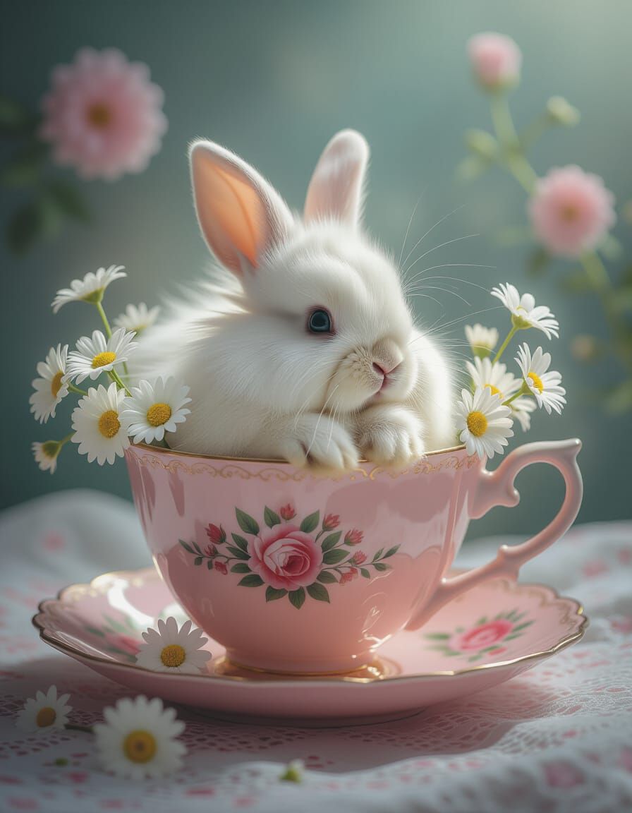 Fluffy Bunny in Pastel Teacup with Daisies