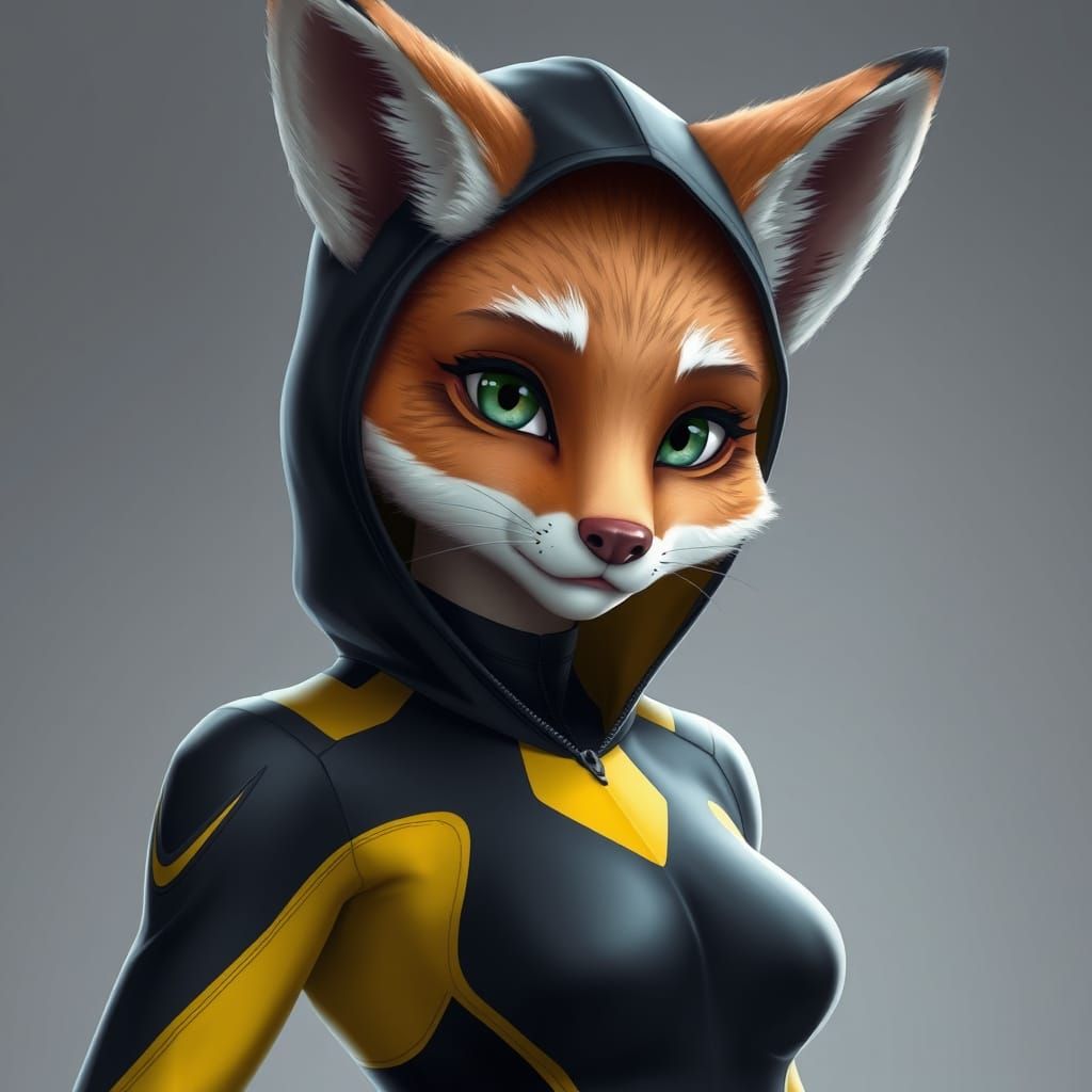Humanoid Female Fox in Black and Yellow Jumpsuit