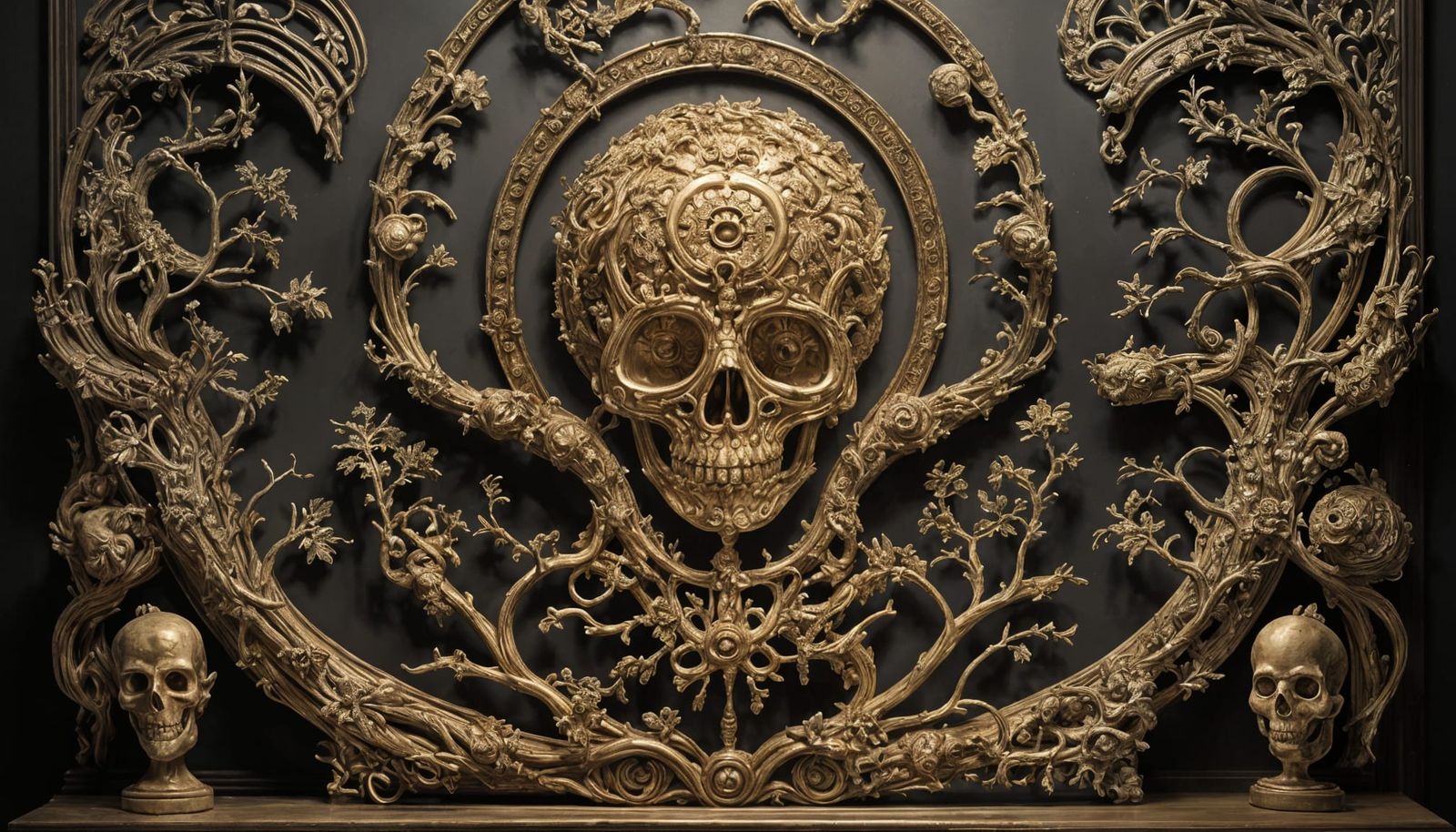 Baroque Vanity with Memento Mori Themes in Dark, Golden Ligh...