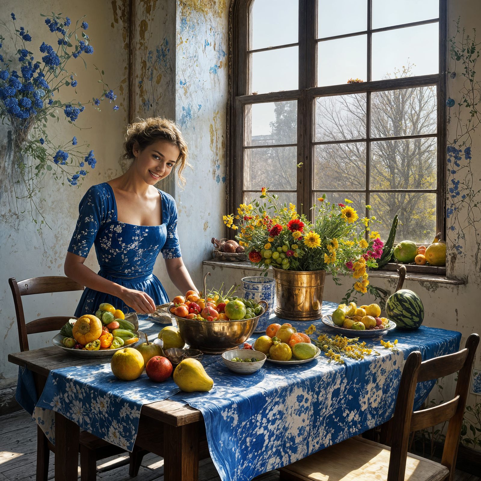 Golden Flowers in Delft Blue, Magical Realism Painting