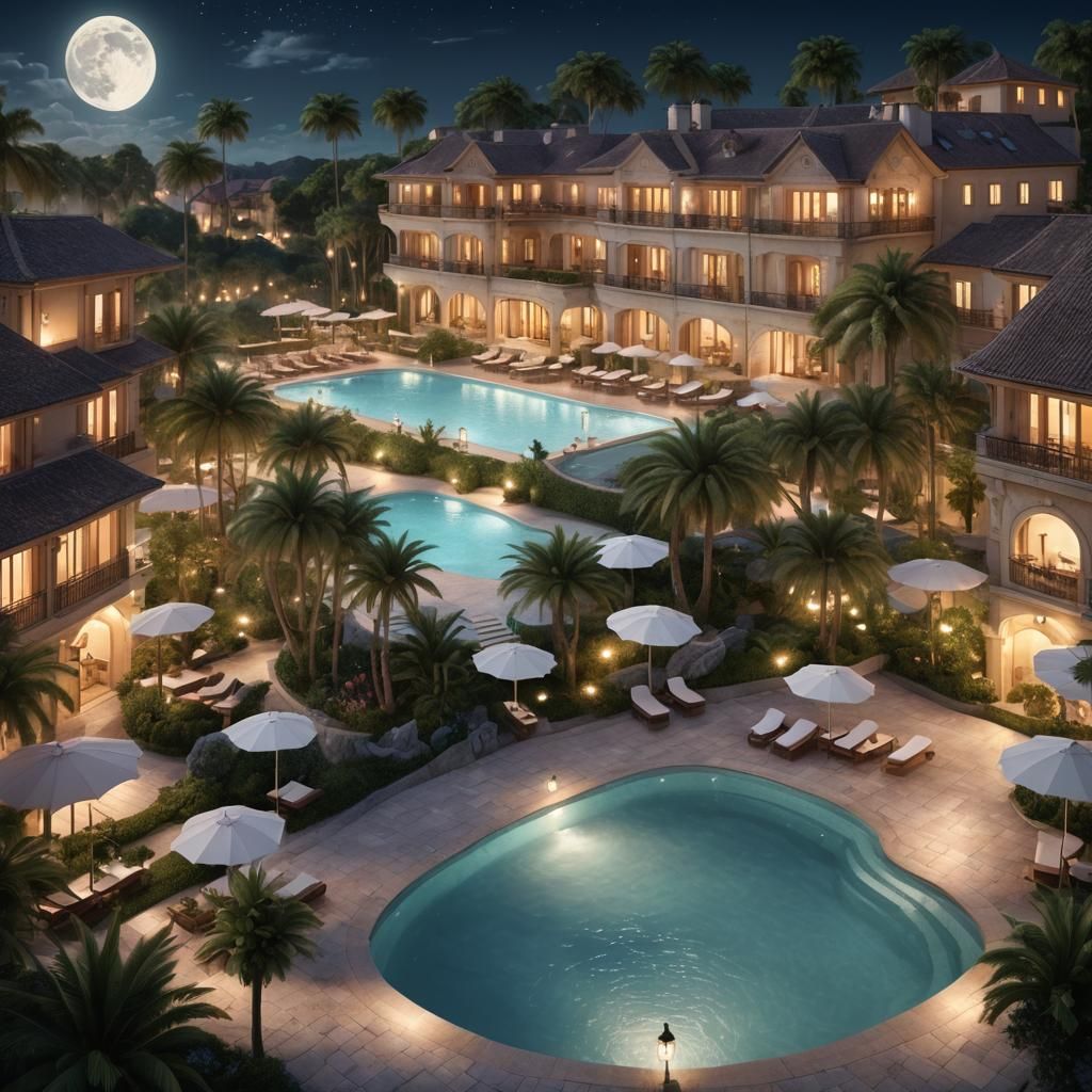 Luxurious Hotel Complex at Night in Matte Painting Style