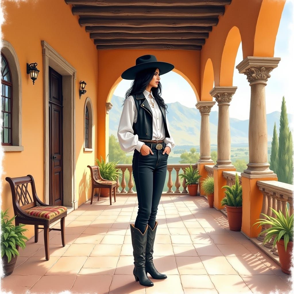 A Mexican Woman in Elegant Attire on a Veranda