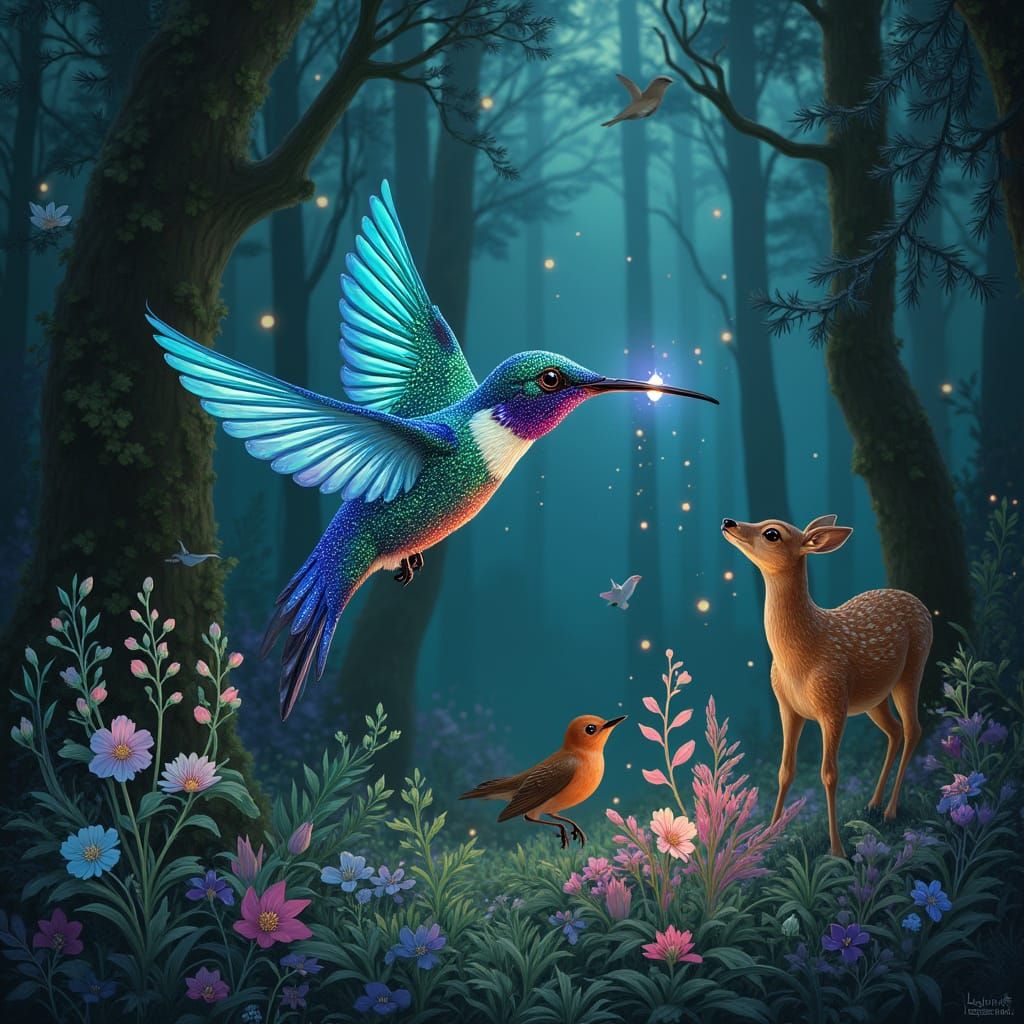 Bioluminescent Hummingbird in Enchanted Forest, Art Nouveau