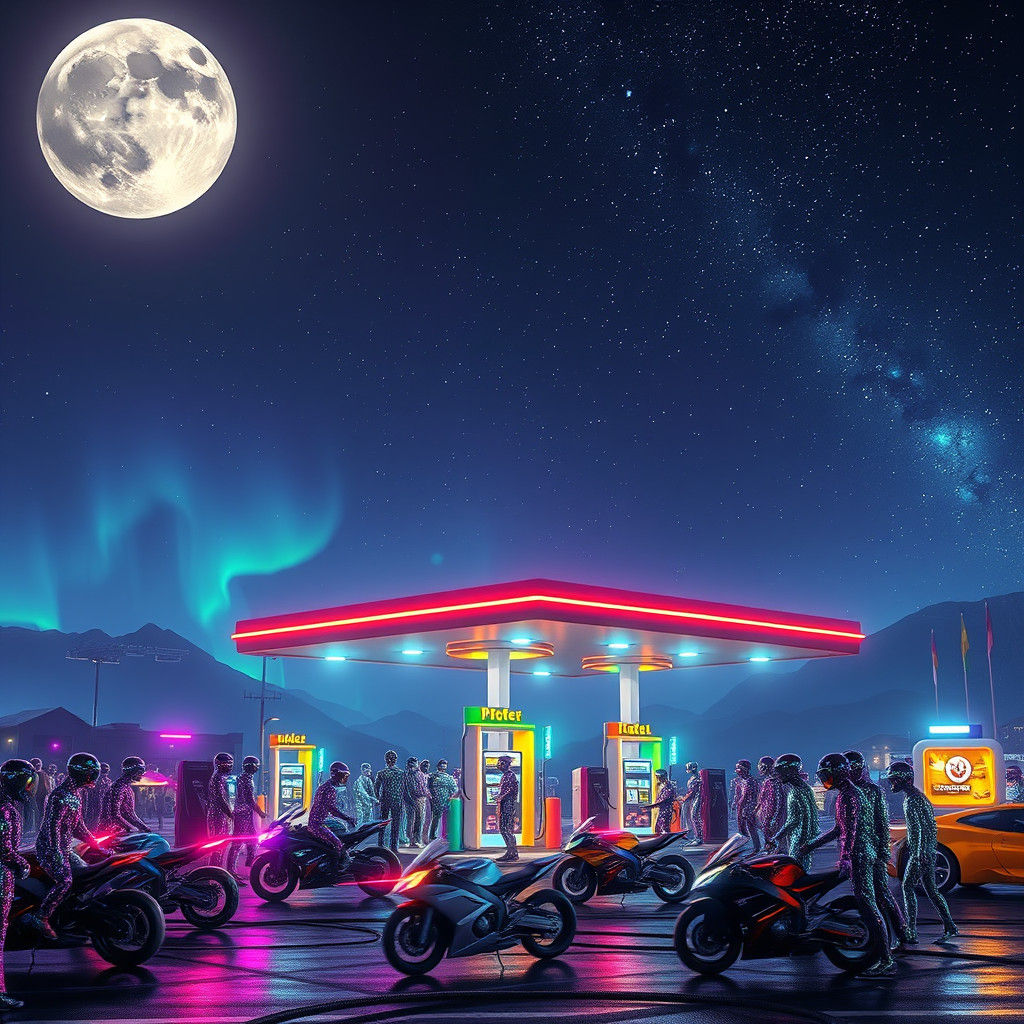Vibrant Alien Gas Station in a Sci-Fi Landscape