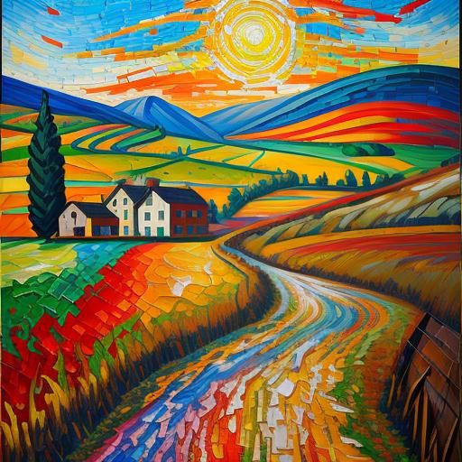 Colorful Mosaic Landscape in Expressionist Impasto Style